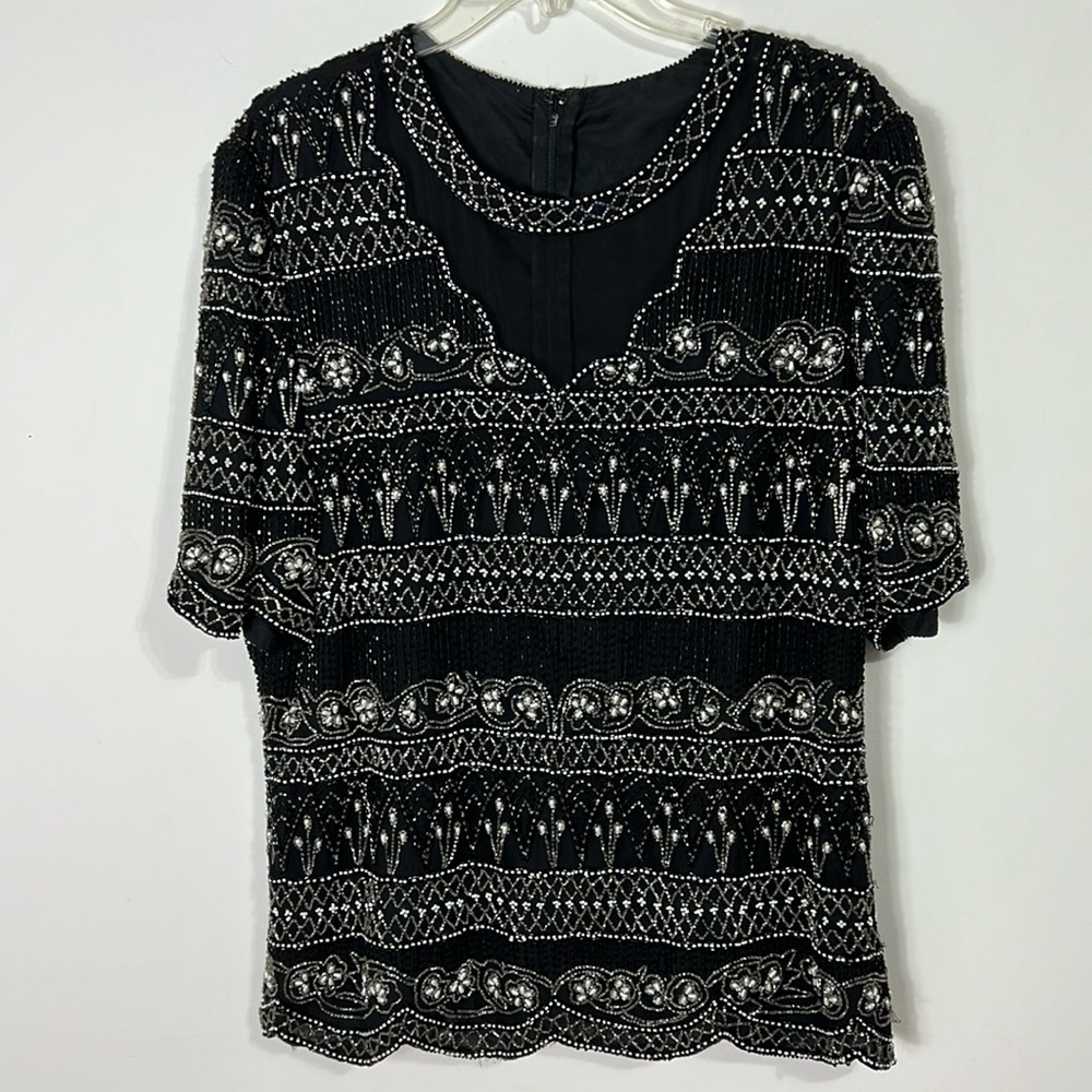 Laurence Kazar vintage ornate sequined beaded blouse size large